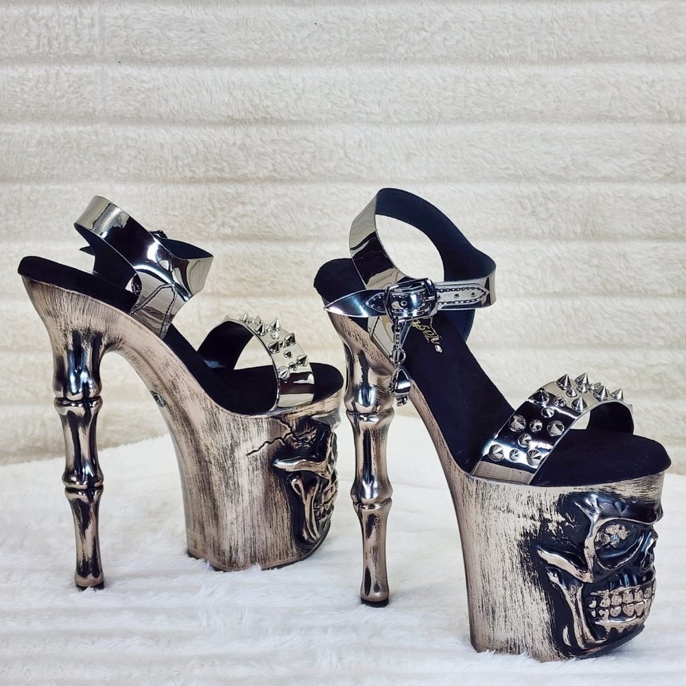 Vortex Pewter Brushed Chrome Skull & Bones Red LED Platform 8" High Heels Shoes - Picture 3 of 15